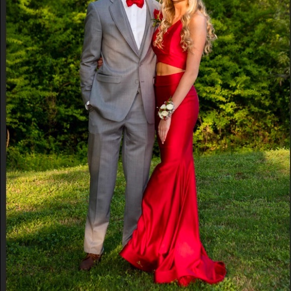 open lace back dress Charming Mermaid Red Satin and Black Lace Prom Dress with Train Y4409 –  Simplepromdress main image 1